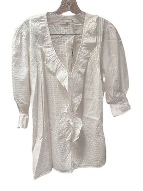 NEW Paneros Chloe Swiss Dot Ruffle Blouse Off White‎ Button Front 3/4 Sleeve XXL